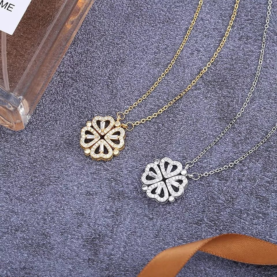 Magnetic Folding  Gold Two Shape Four Leaves Necklace  for Women
