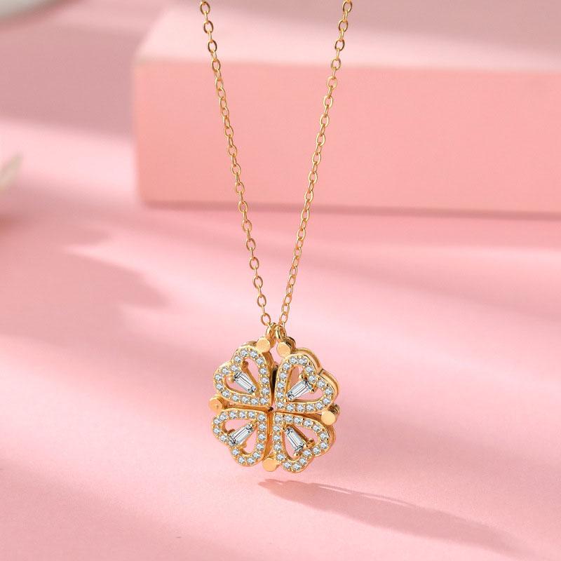 Magnetic Folding  Gold Two Shape Four Leaves Necklace  for Women