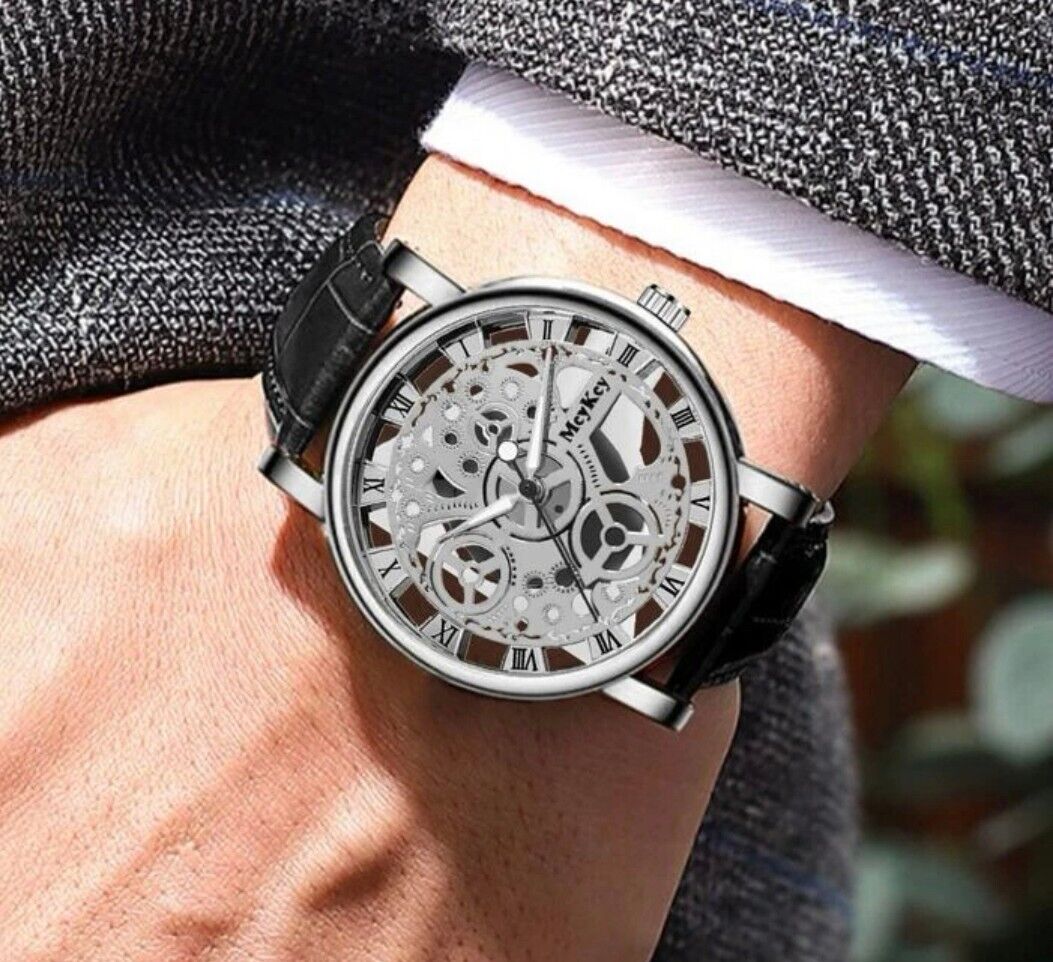 Leather Skeleton Watches for Men| Double Sided Glass Wrist Watch for Men & Boys